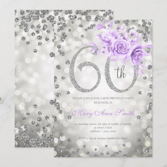 Silver Floral 60th Birthday Glam Lights Purple  Invitation (Front/Back)