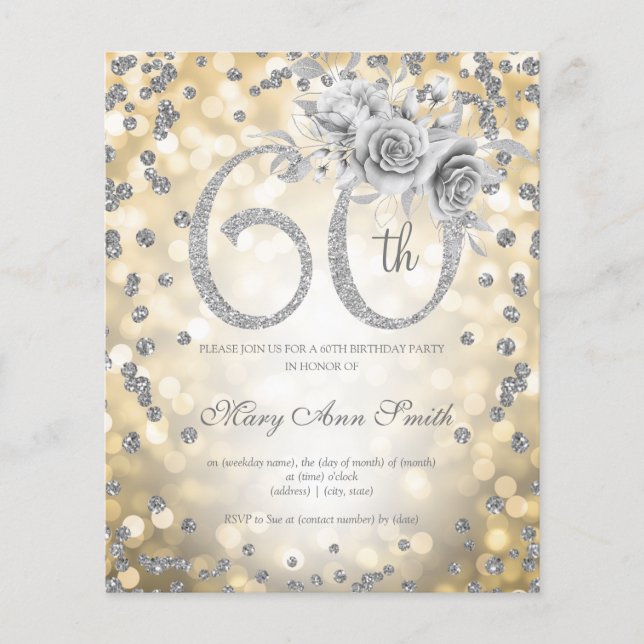 Silver Floral 60th Birthday Gold Lights Invitation Flyer (Front)