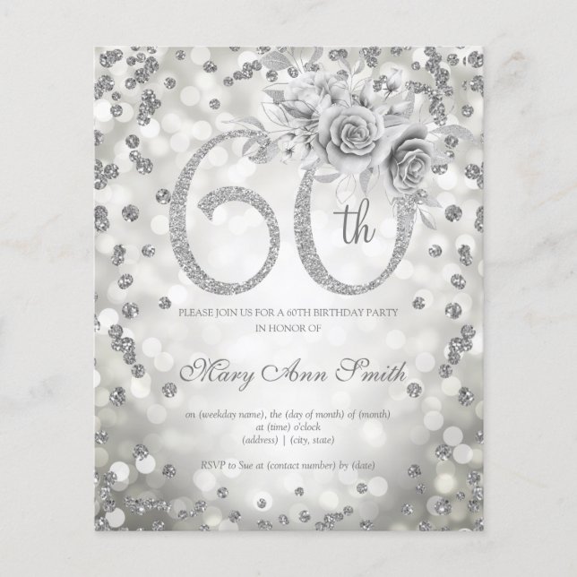 Silver Floral 60th Birthday Lights Invitation Flyer (Front)