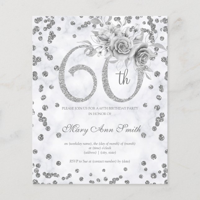 Silver Floral 60th Birthday Marble Invitation  Flyer (Front)