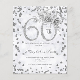 Silver Floral 60th Birthday Marble Invitation  Flyer