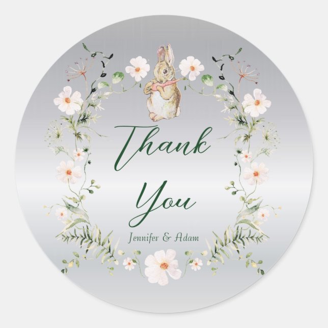 Silver Floral Baby Bunny Baby Shower Classic Round Sticker (Front)