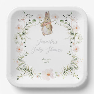 Silver Floral Baby Bunny Baby Shower Paper Plate