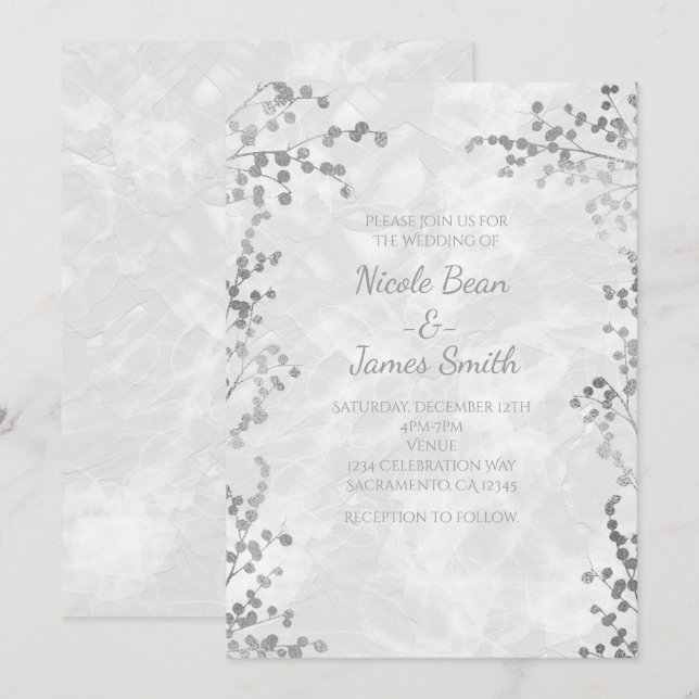 Silver Floral Berries Elegant Wedding Invitations (Front/Back)