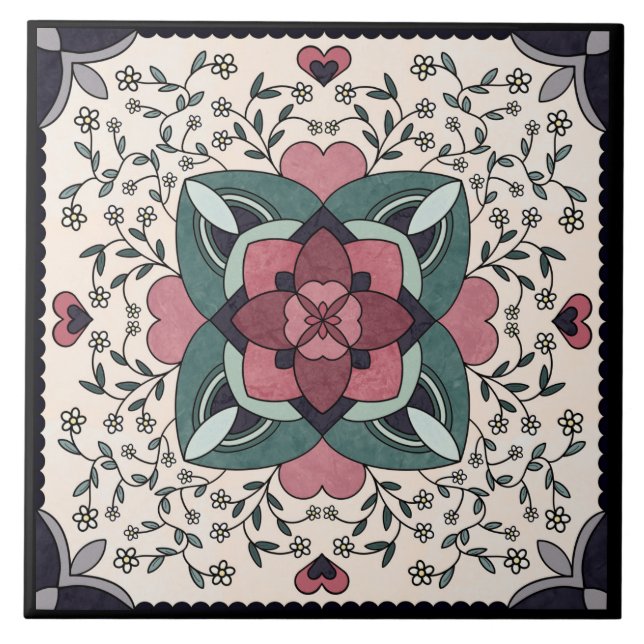 Silver Floral Bloom Retro Mandala Ceramic Tile (Front)