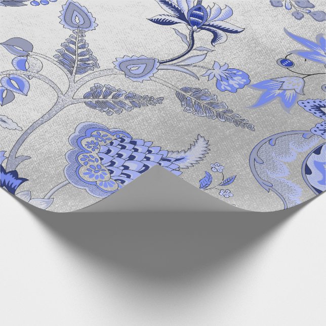 Silver Floral Blue Gray Sapphire Cobalt Ornamental Wrapping Paper (Corner)