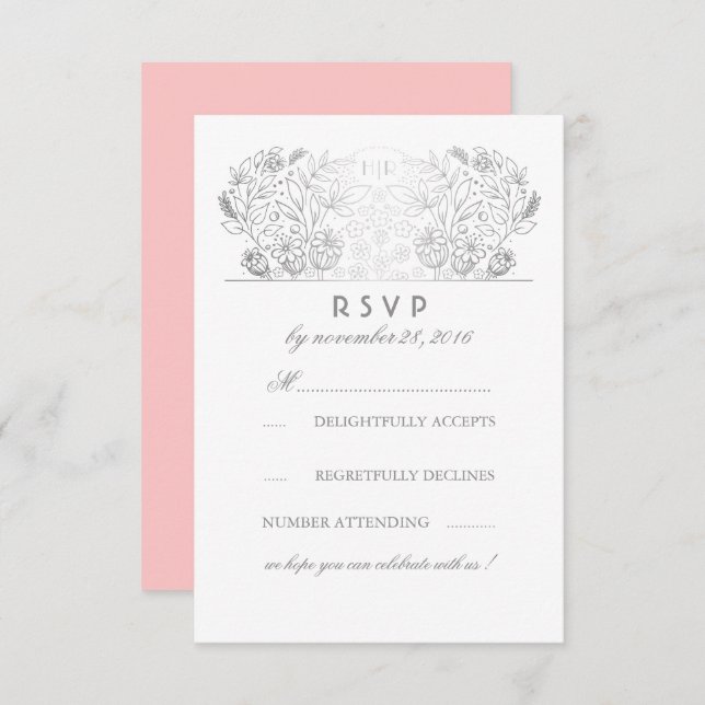 Silver Floral Blush and White Wedding RSVP Card (Front/Back)