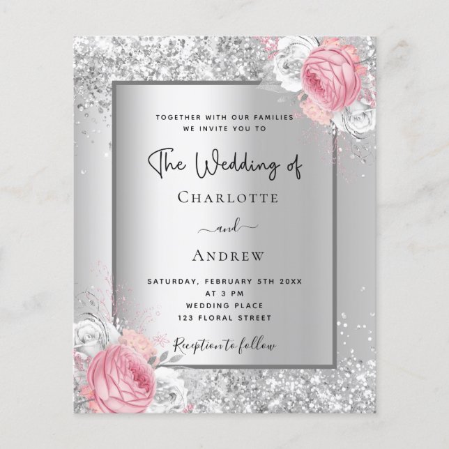 Silver floral blush pink budget wedding invitation flyer (Front)