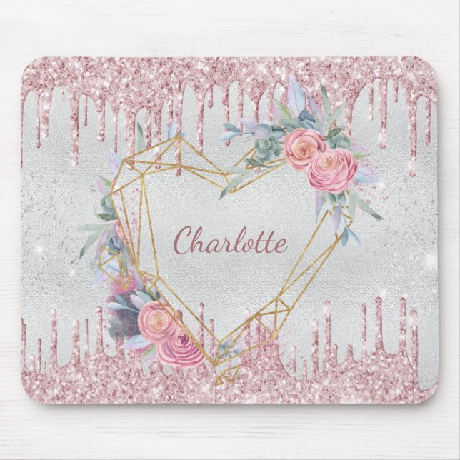 Silver floral blush pink glitter monogram mouse mat (Front)