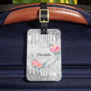 Silver floral blush pink glitter monogram name luggage tag