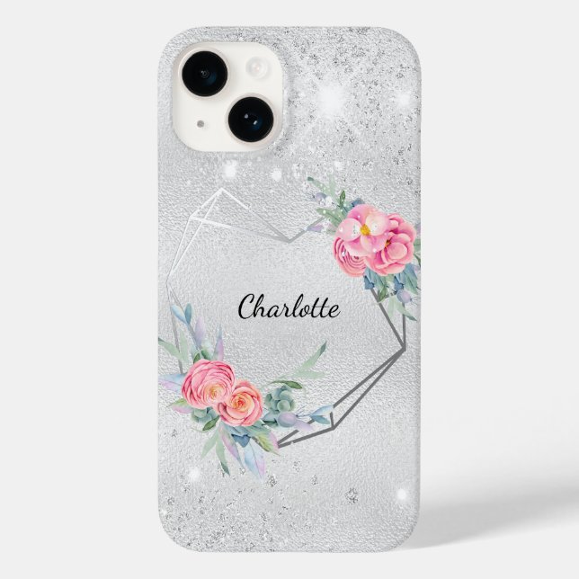Silver floral blush pink glitter name Case-Mate iPhone case (Back)