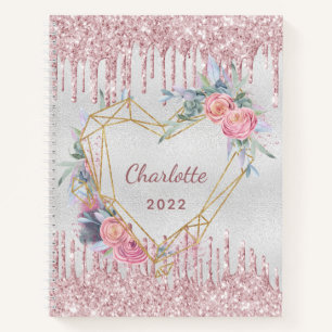 Silver floral blush pink glitter name diary notebook