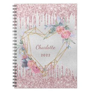 Silver floral blush pink glitter name diary notebook