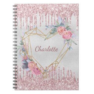 Silver floral blush pink glitter name geometric notebook