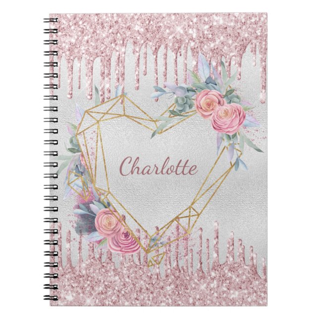 Silver floral blush pink glitter name geometric notebook (Front)