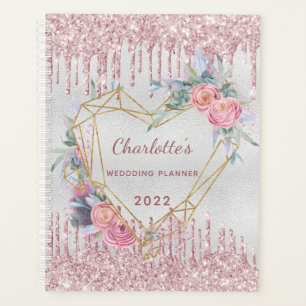 Silver floral blush pink glitter wedding planner