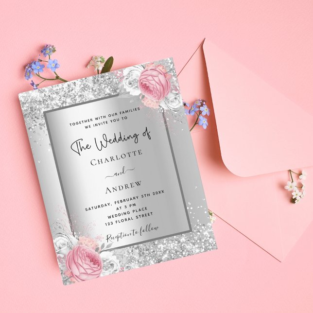 Silver floral blush pink white wedding invitation (Creator Uploaded)