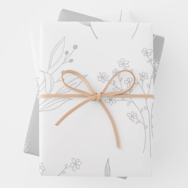 Silver Floral Boho Wedding Wrapping Paper Sheet (In situ)