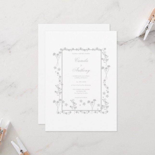 Silver Floral Border Wedding Invitation (Front/Back In Situ)