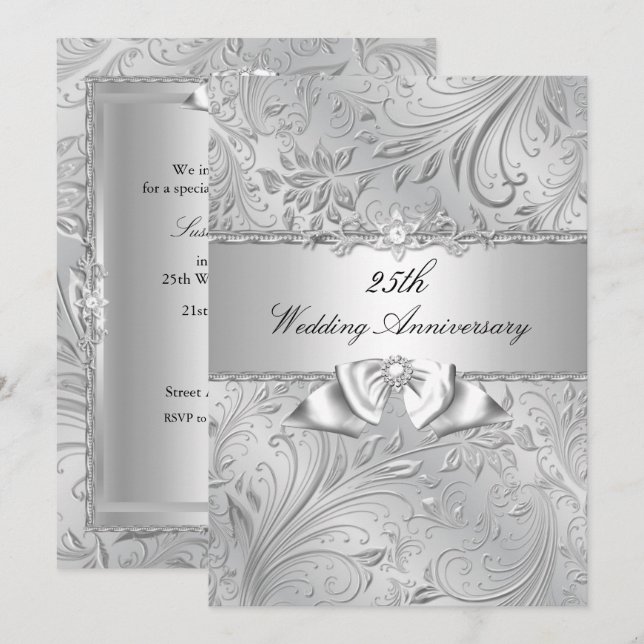 Silver Floral & Bow 25th Wedding Anniversary Invitation (Front/Back)