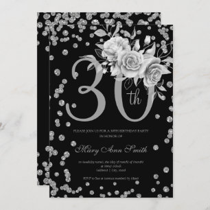 Silver Floral & Confetti 30th Birthday Party Black Invitation