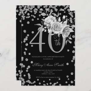 Silver Floral & Confetti 40th Birthday Black Invitation