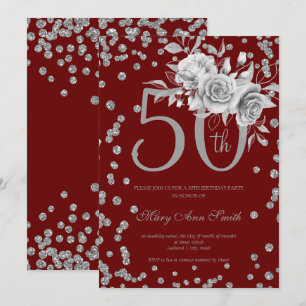 Silver Floral & Confetti 50th Birthday Burgundy Invitation