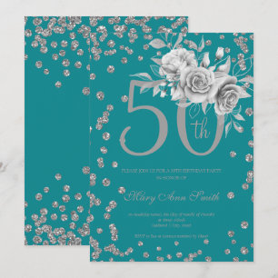 Silver Floral & Confetti 50th Birthday Party Teal  Invitation