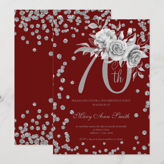 Silver Floral & Confetti 70th Birthday Burgundy  Invitation (Front/Back)