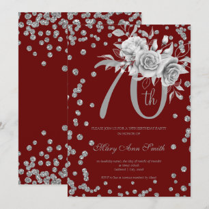 Silver Floral & Confetti 70th Birthday Burgundy Invitation
