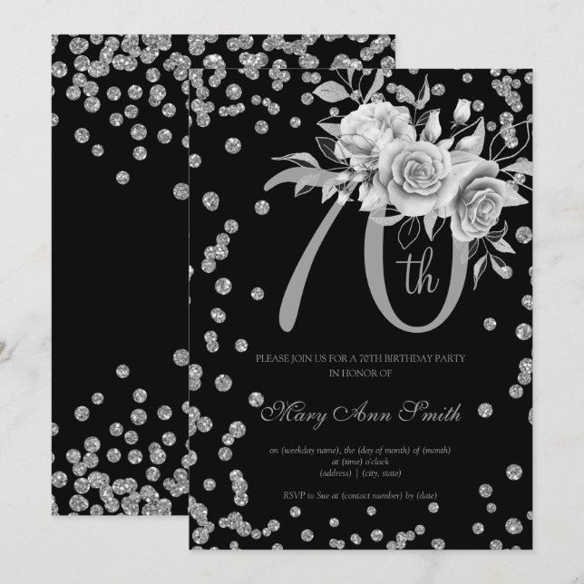 Silver Floral & Confetti 70th Birthday Party Black Invitation (Front/Back)