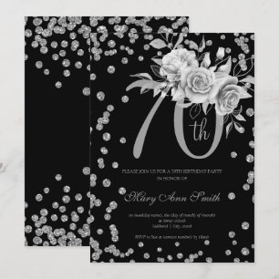 Silver Floral & Confetti 70th Birthday Party Black Invitation