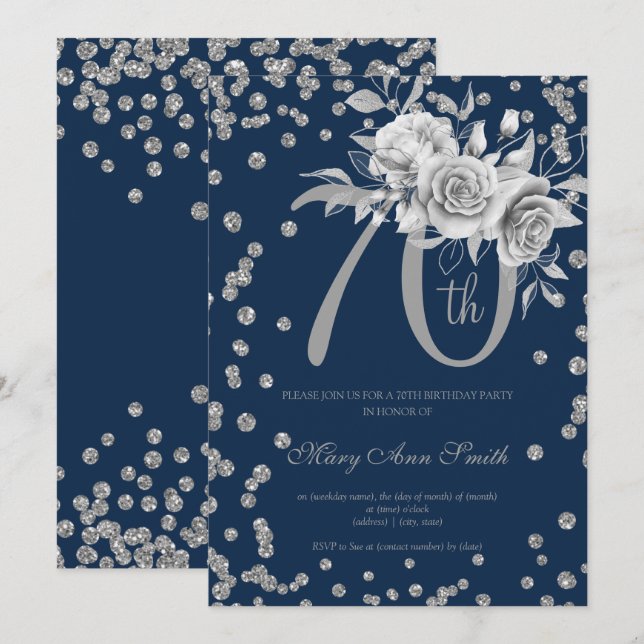 Silver Floral & Confetti 70th Birthday Party Navy  Invitation (Front/Back)