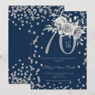 Silver Floral & Confetti 70th Birthday Party Navy  Invitation