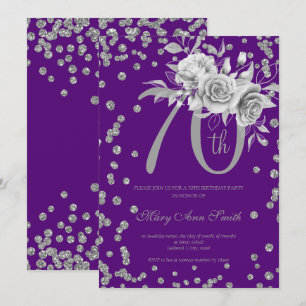 Silver Floral & Confetti 70th Birthday Purple  Invitation