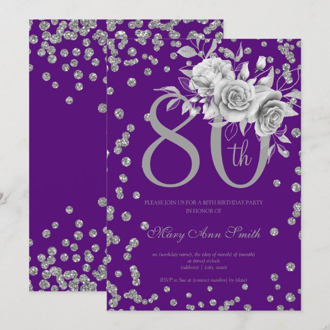 Silver Floral & Confetti 80 Birthday Party Purple  Invitation (Front/Back)