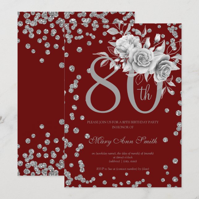 Silver Floral & Confetti 80th Birthday Burgundy  Invitation (Front/Back)