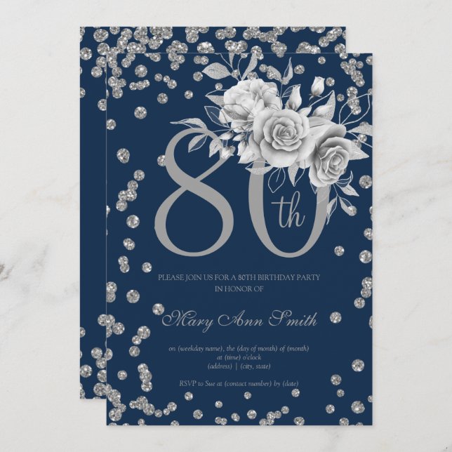 Silver Floral & Confetti 80th Birthday Navy  Invitation (Front/Back)