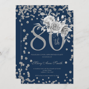 Silver Floral & Confetti 80th Birthday Navy  Invitation