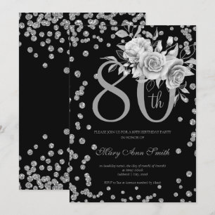 Silver Floral & Confetti 80th Birthday Party Black Invitation