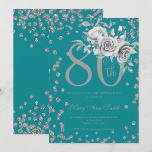 Silver Floral & Confetti 80th Birthday Teal  Invitation