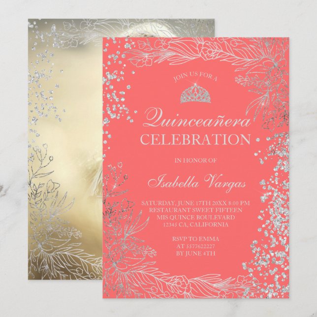 Silver floral coral photo Tiara Quinceañera Invitation (Front/Back)