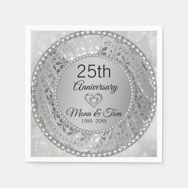 Silver Floral Damask And Heart Napkin (Front)