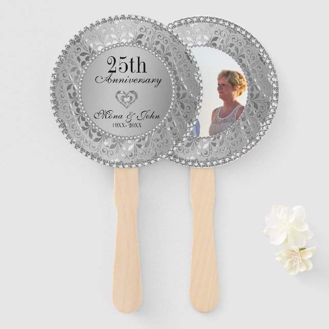Silver Floral Damask Anniversary  Hand Fan (Front and Back)