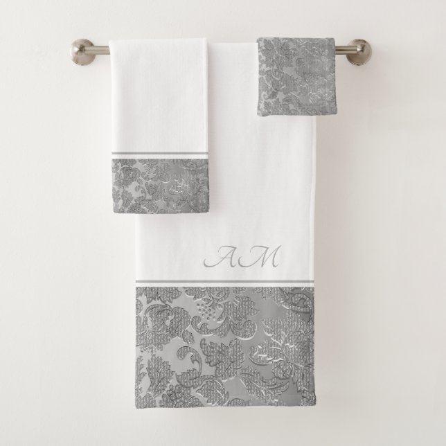 Silver Floral Damask Bath Towel Set (Insitu)