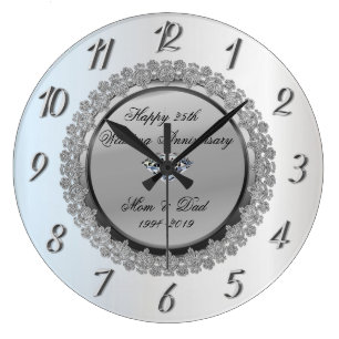 Silver Floral Diamond25th Wedding Anniversary Large Clock