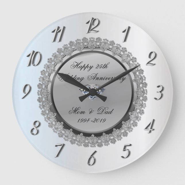 Silver Floral Diamond25th Wedding Anniversary Large Clock (Front)