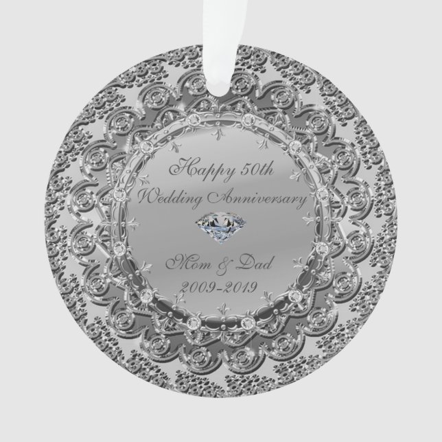 Silver Floral Diamond 50th Wedding Anniversary Ornament (Front)
