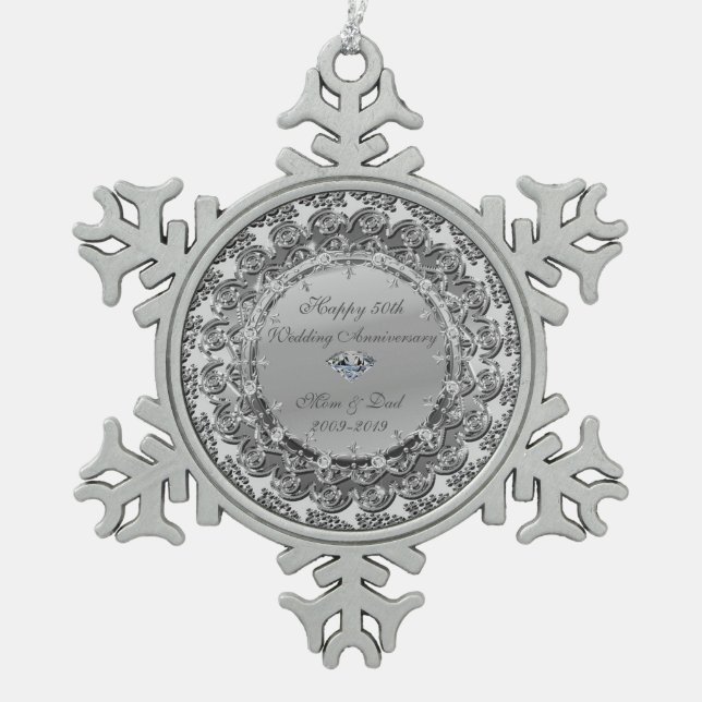 Silver Floral Diamond 50th Wedding Anniversary Snowflake Pewter Christmas Ornament (Front)
