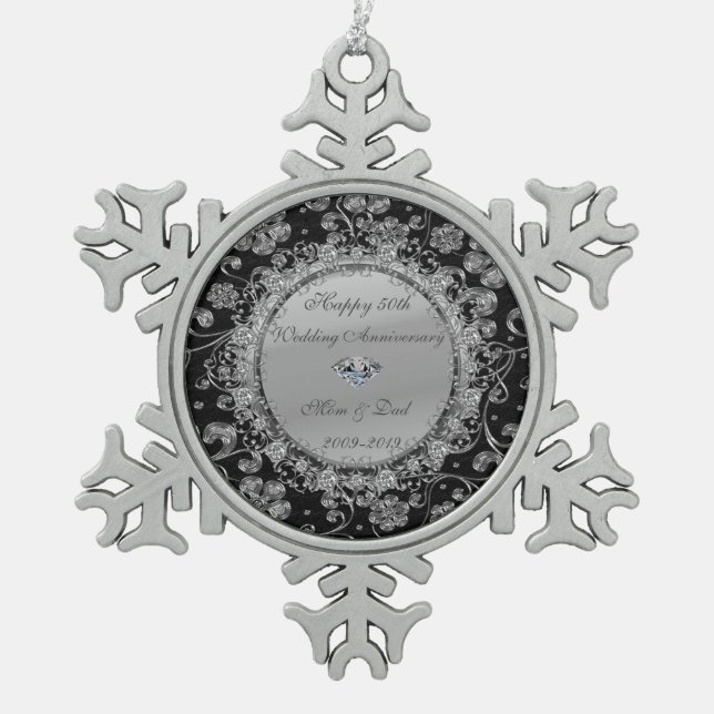 Silver Floral Diamonds 50th Wedding Anniversary Snowflake Pewter Christmas Ornament (Front)